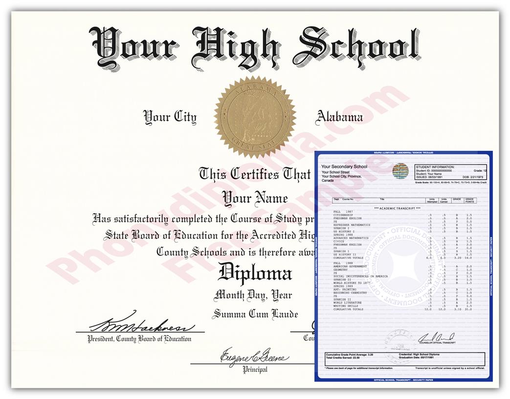 Alabama high school diploma and transcript package sample